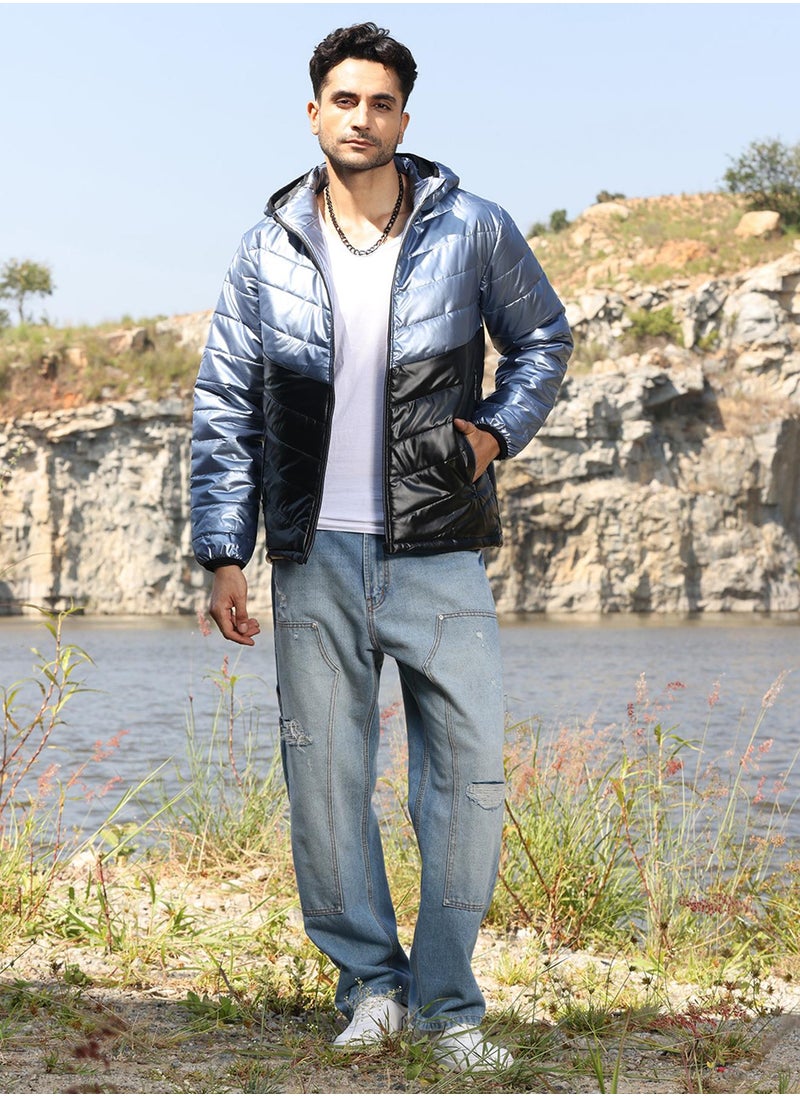 Men's Electric Blue & Carbon Black Metallic Quilted Puffer Jacket