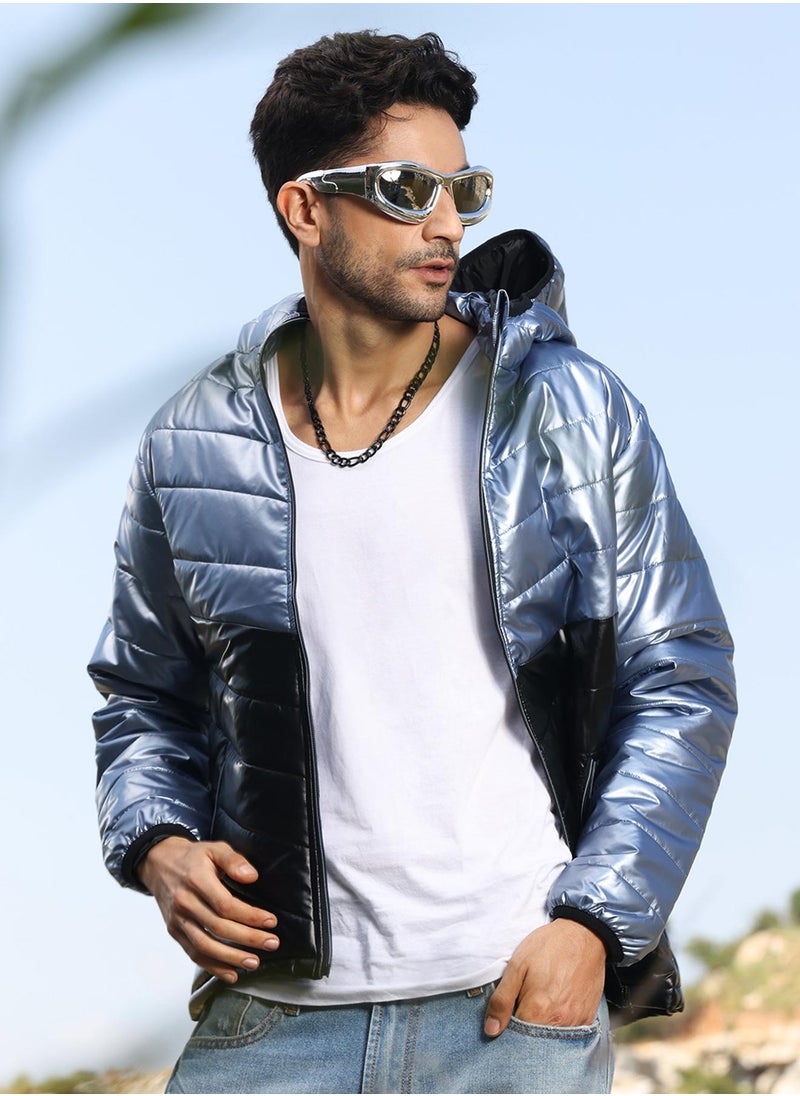 Men's Electric Blue & Carbon Black Metallic Quilted Puffer Jacket