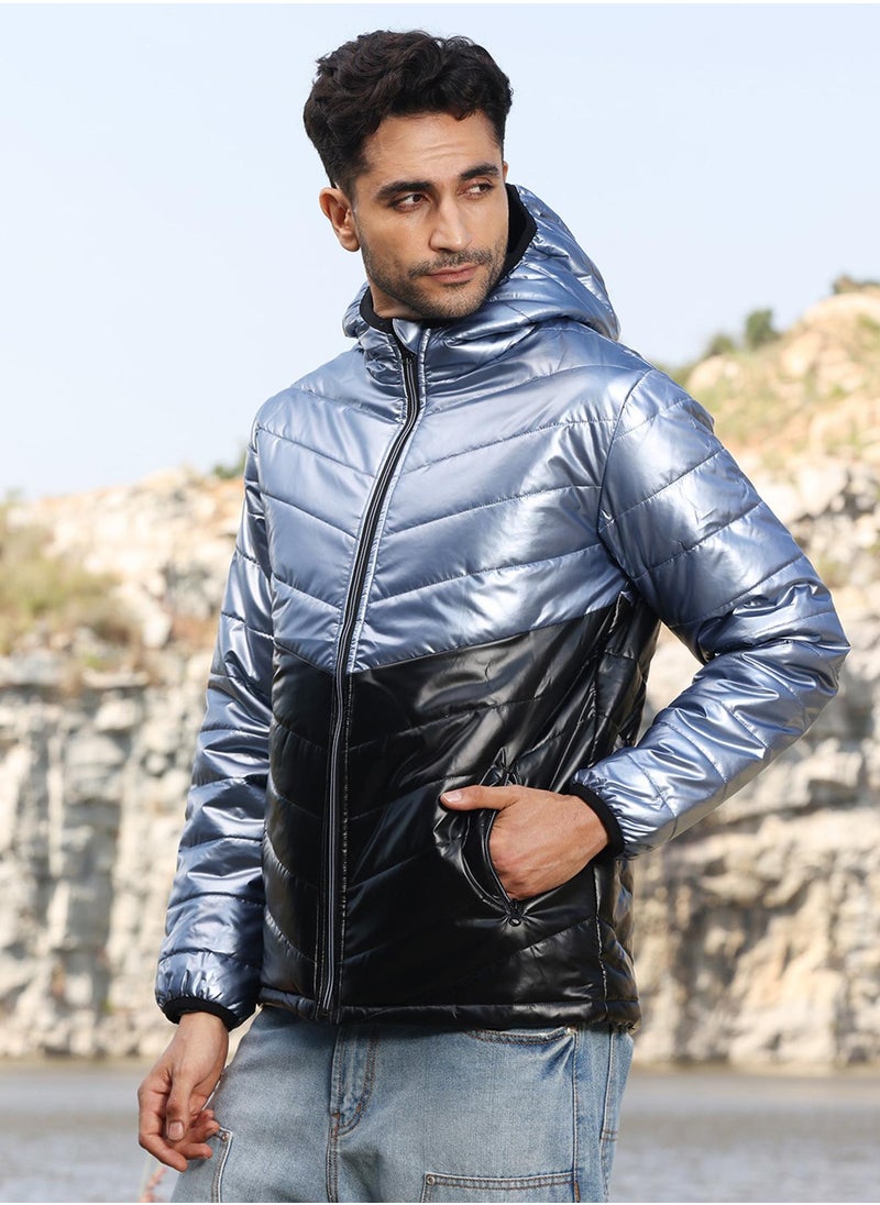 Men's Electric Blue & Carbon Black Metallic Quilted Puffer Jacket