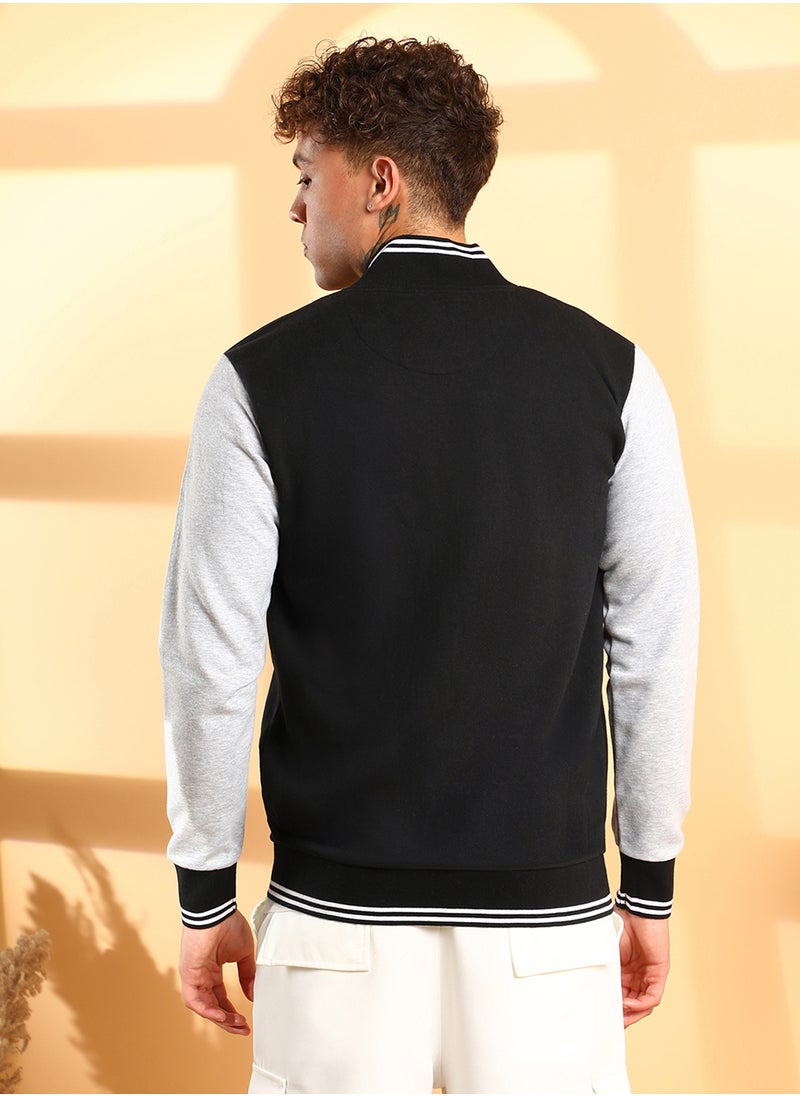 Men's Black & Grey Zip-Front Jacket With Open-Angled Pocket