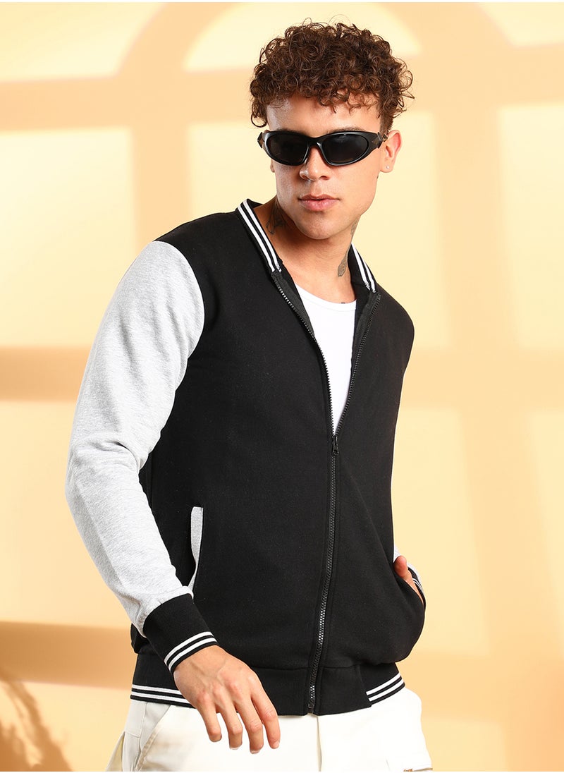 Men's Black & Grey Zip-Front Jacket With Open-Angled Pocket