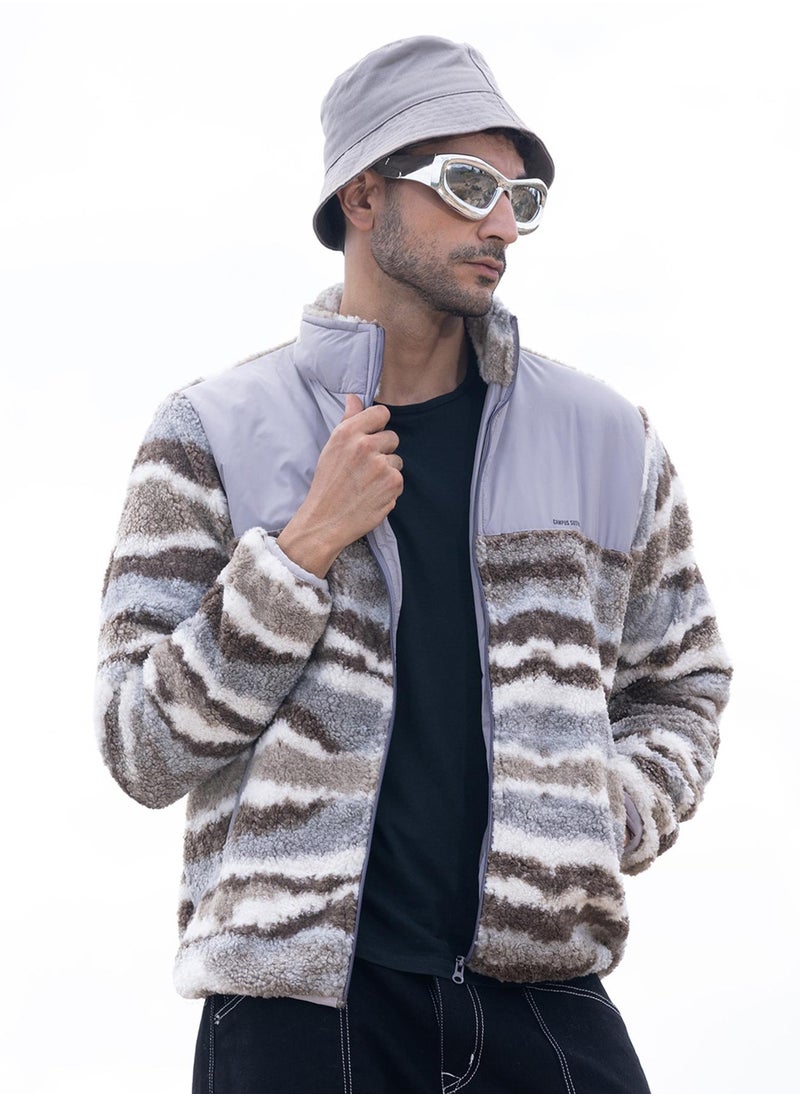 Men's Light Grey & Chocolate Brown Camouflage Sherpa Zip-Front Jacket