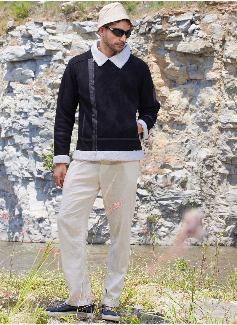 Men's Carbon Black & Chalk White Fleece Lined Biker Jacket