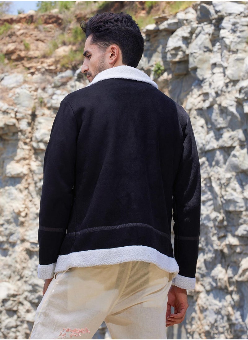 Men's Carbon Black & Chalk White Fleece Lined Biker Jacket