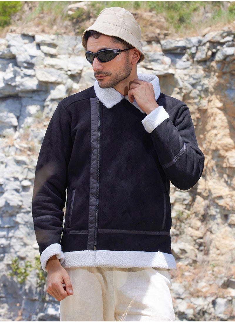 Men's Carbon Black & Chalk White Fleece Lined Biker Jacket
