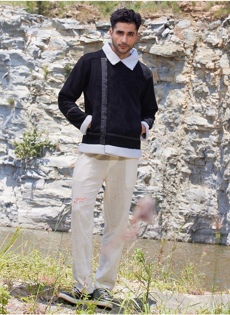 Men's Carbon Black & Chalk White Fleece Lined Biker Jacket