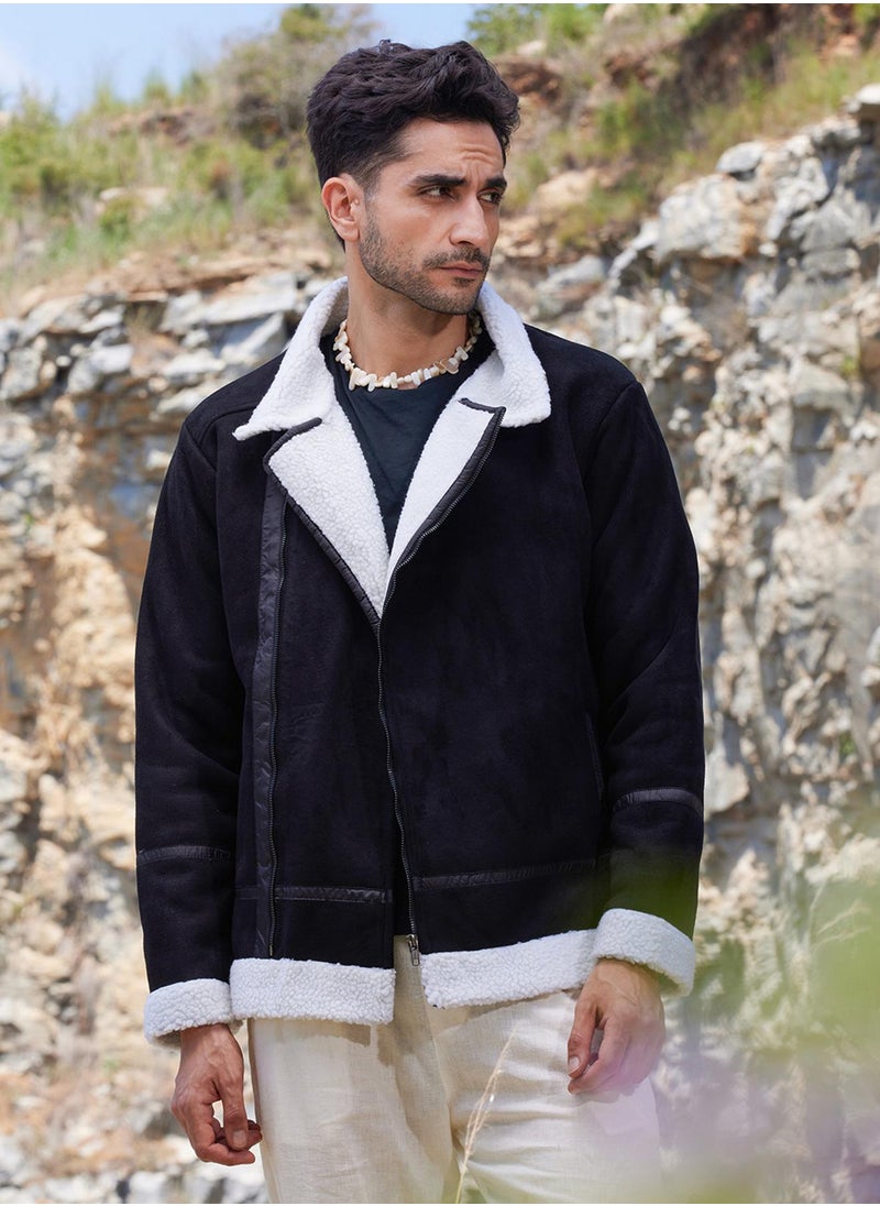 Men's Carbon Black & Chalk White Fleece Lined Biker Jacket