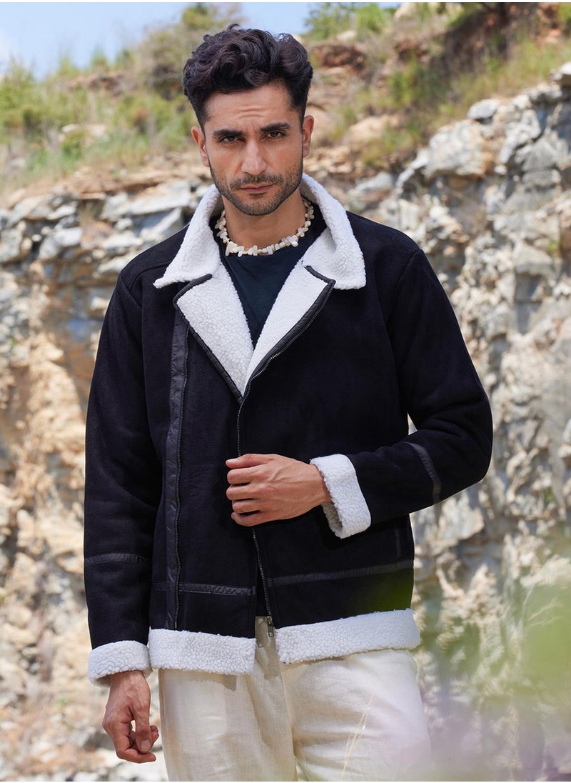 Men's Carbon Black & Chalk White Fleece Lined Biker Jacket