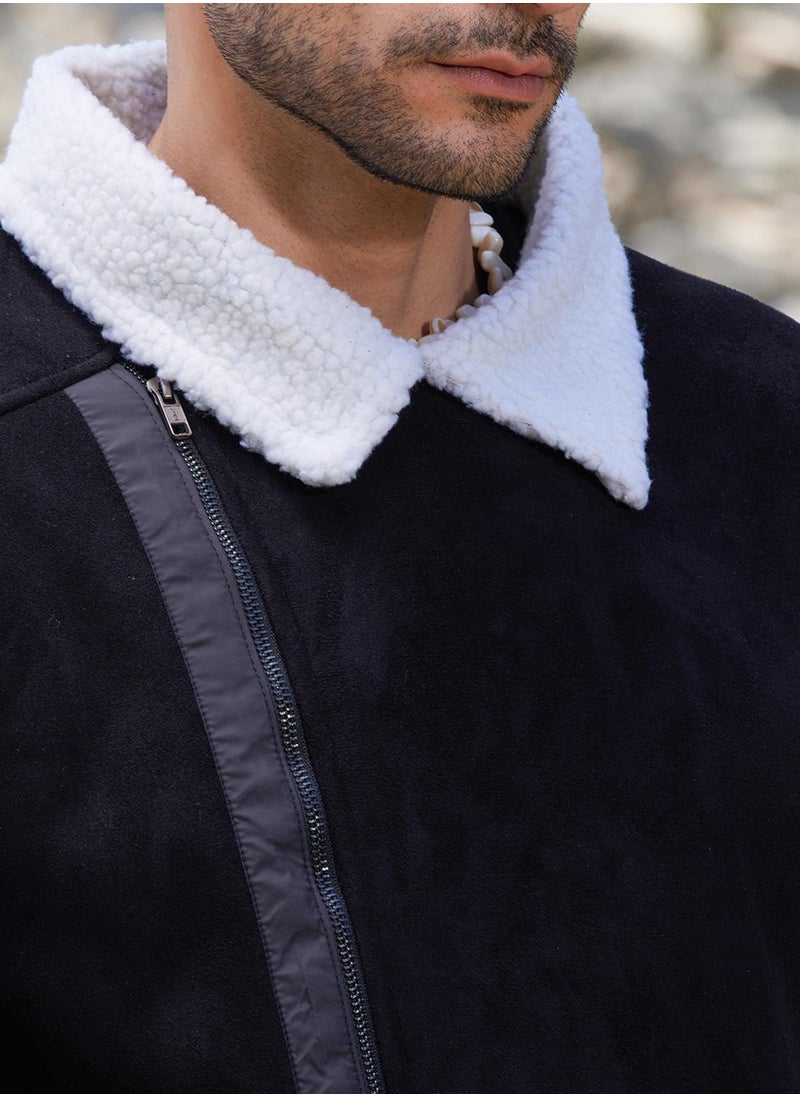 Men's Carbon Black & Chalk White Fleece Lined Biker Jacket