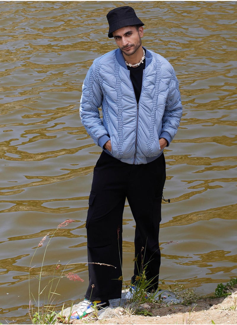 Men's Icy Blue Braided Crease Puffer Jacket