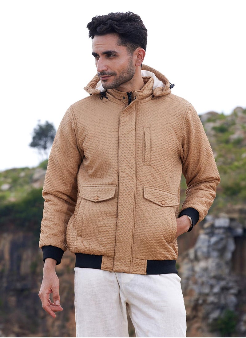 Men's Beige Self-Design Diamond Puffer Jacket With Fleece Hood