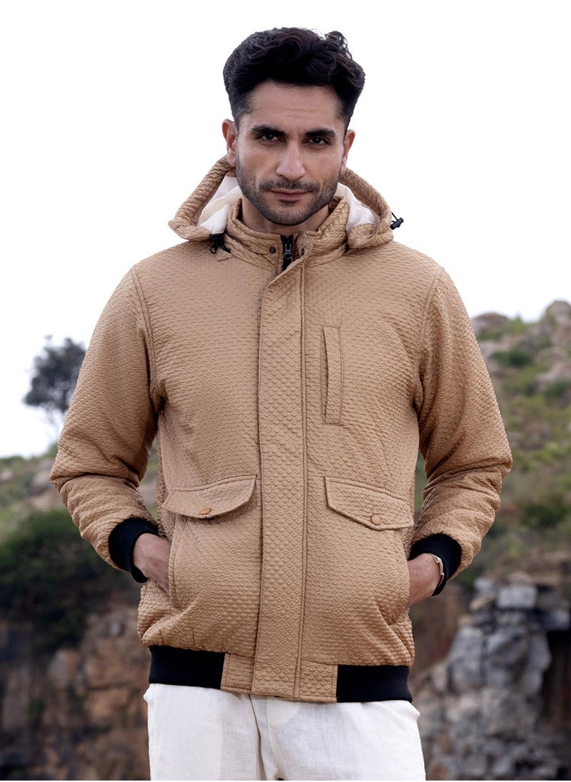 Men's Beige Self-Design Diamond Puffer Jacket With Fleece Hood