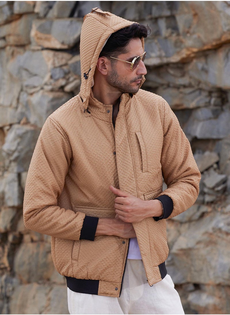 Men's Beige Self-Design Diamond Puffer Jacket With Fleece Hood