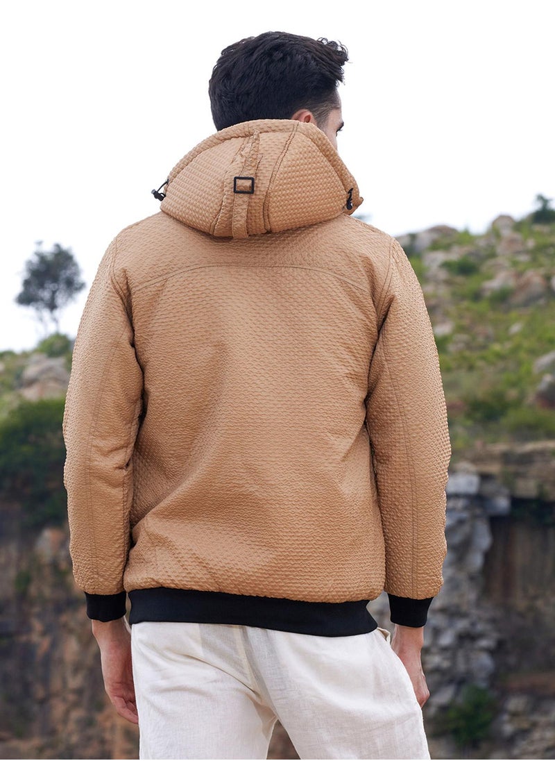 Men's Beige Self-Design Diamond Puffer Jacket With Fleece Hood