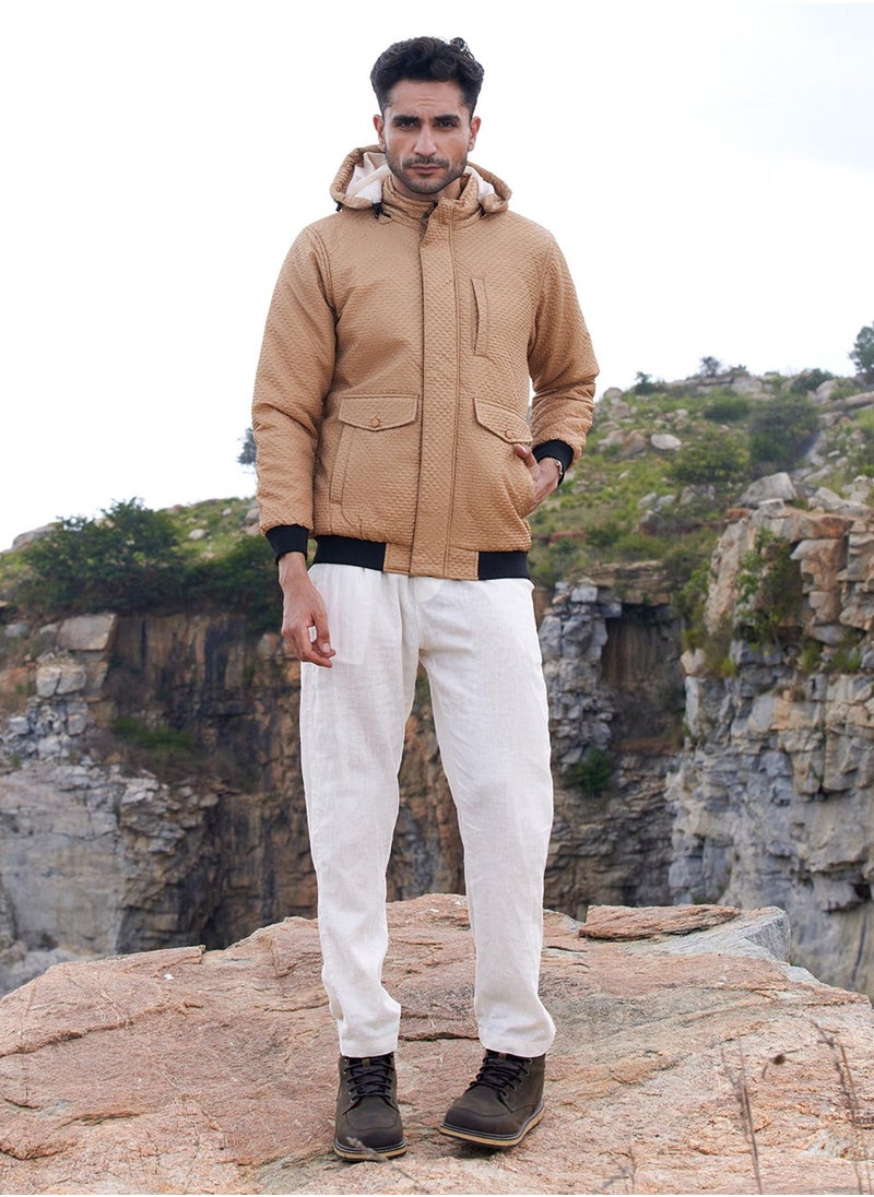 Men's Beige Self-Design Diamond Puffer Jacket With Fleece Hood