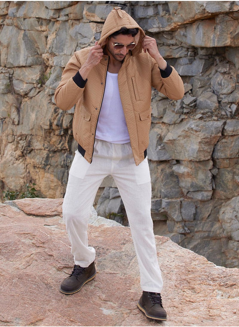 Men's Beige Self-Design Diamond Puffer Jacket With Fleece Hood