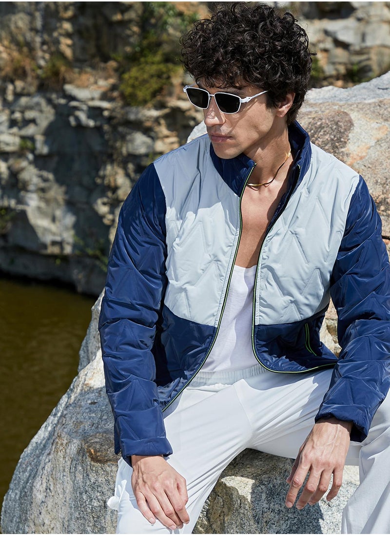 Men's Navy Blue & Light Grey Contrast V Quilted Puffer Jacket
