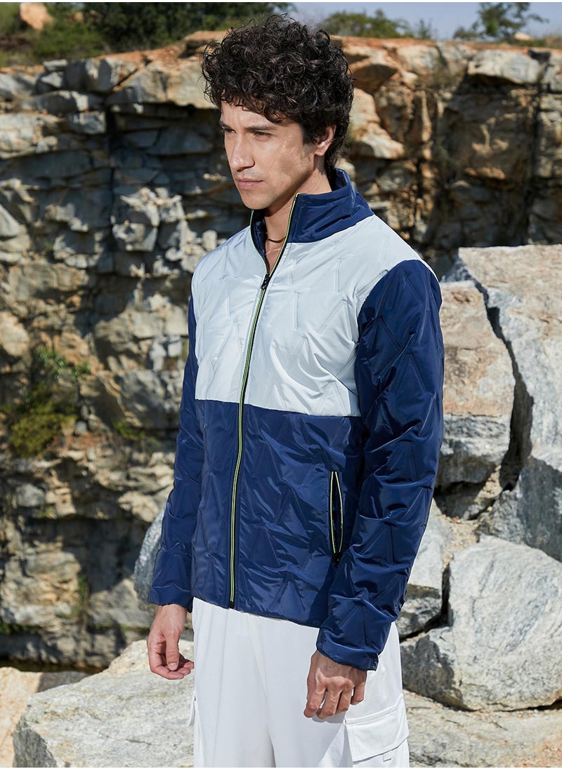 Men's Navy Blue & Light Grey Contrast V Quilted Puffer Jacket