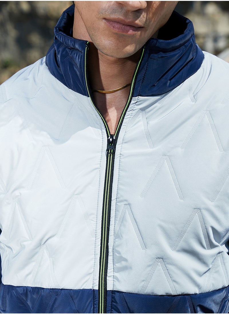 Men's Navy Blue & Light Grey Contrast V Quilted Puffer Jacket