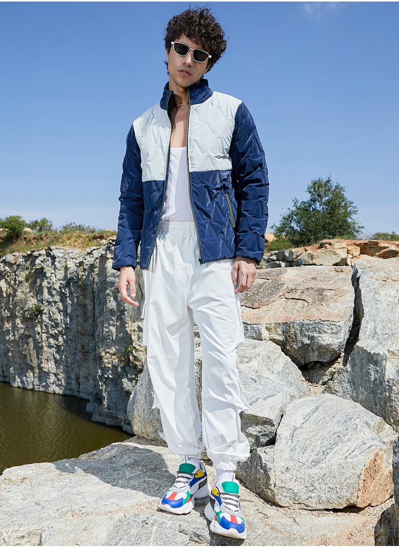 Men's Navy Blue & Light Grey Contrast V Quilted Puffer Jacket