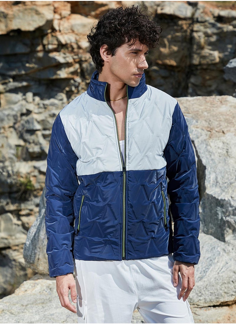 Men's Navy Blue & Light Grey Contrast V Quilted Puffer Jacket