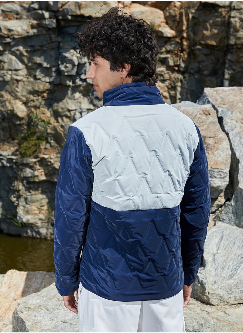 Men's Navy Blue & Light Grey Contrast V Quilted Puffer Jacket