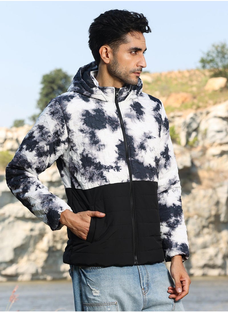 Men's Black & White Tie-Dye Block Puffer Jacket