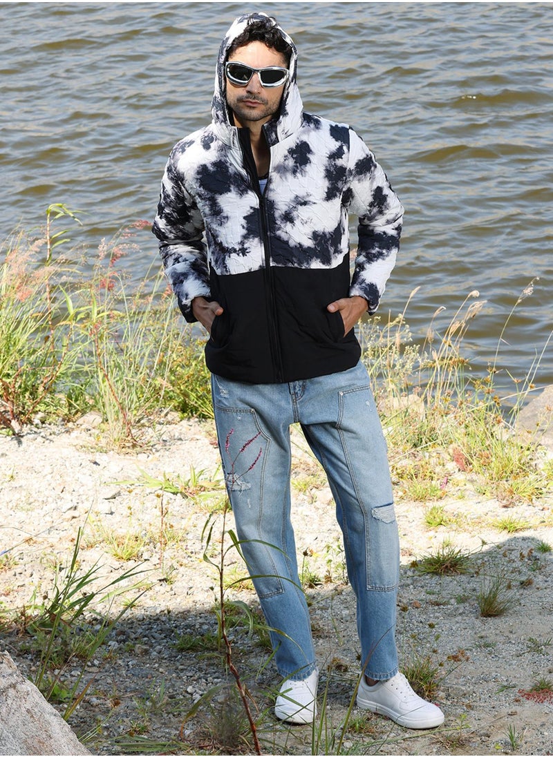 Men's Black & White Tie-Dye Block Puffer Jacket