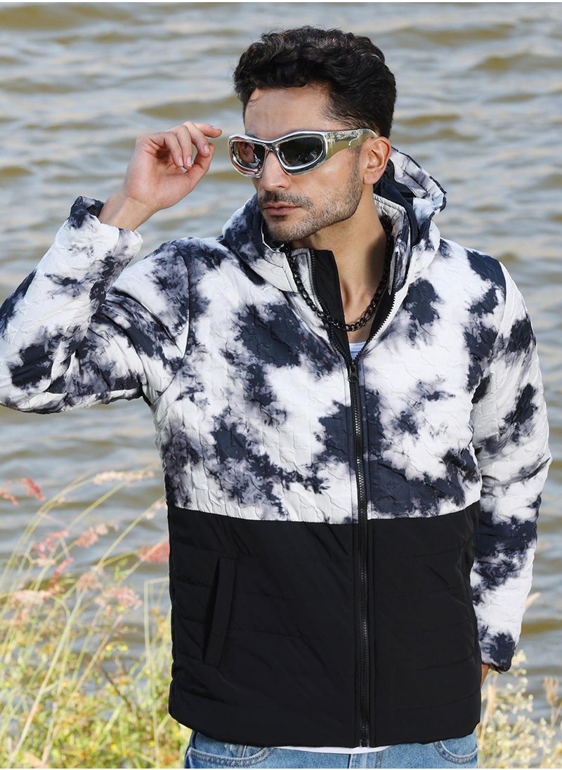 Men's Black & White Tie-Dye Block Puffer Jacket