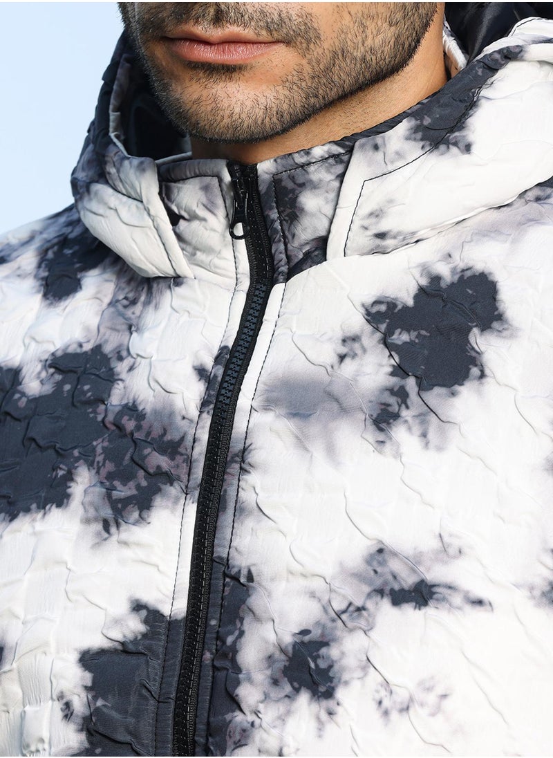 Men's Black & White Tie-Dye Block Puffer Jacket