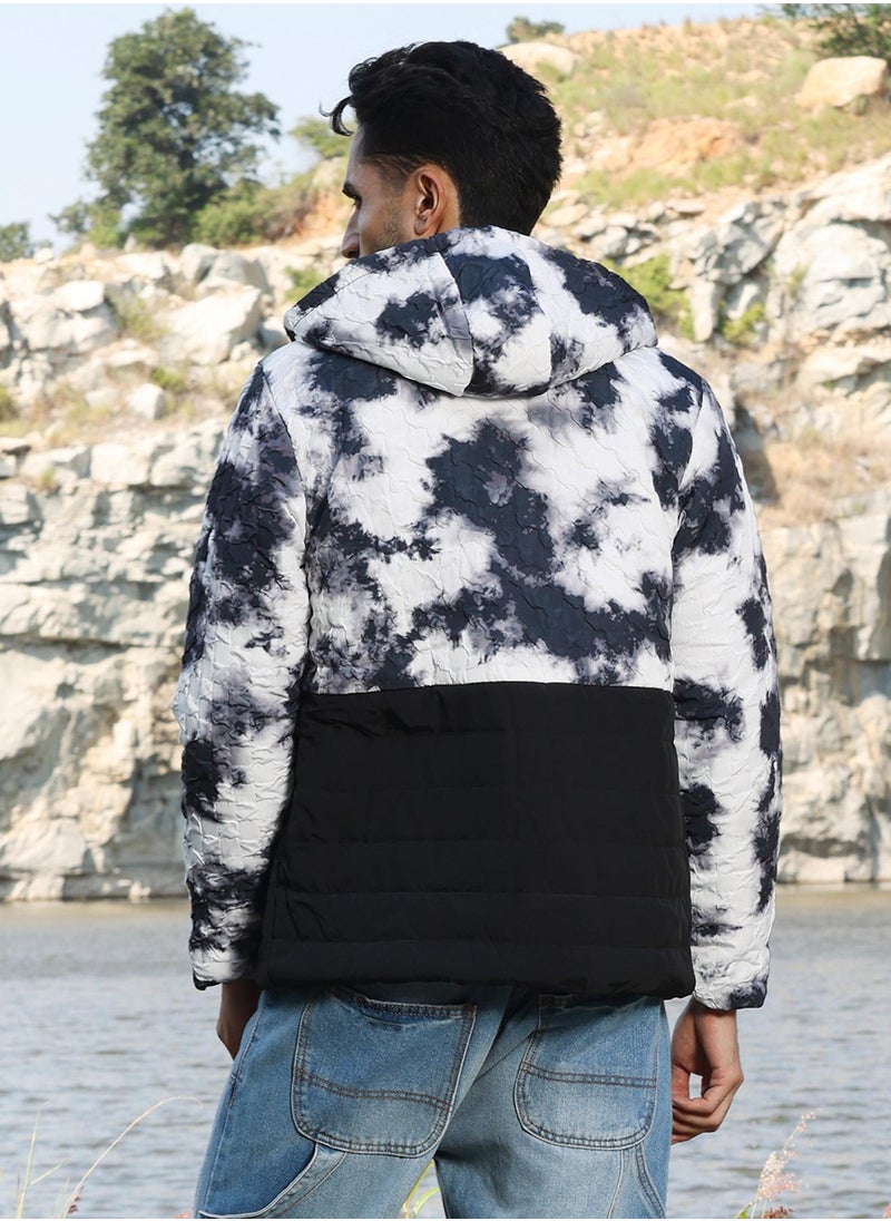 Men's Black & White Tie-Dye Block Puffer Jacket