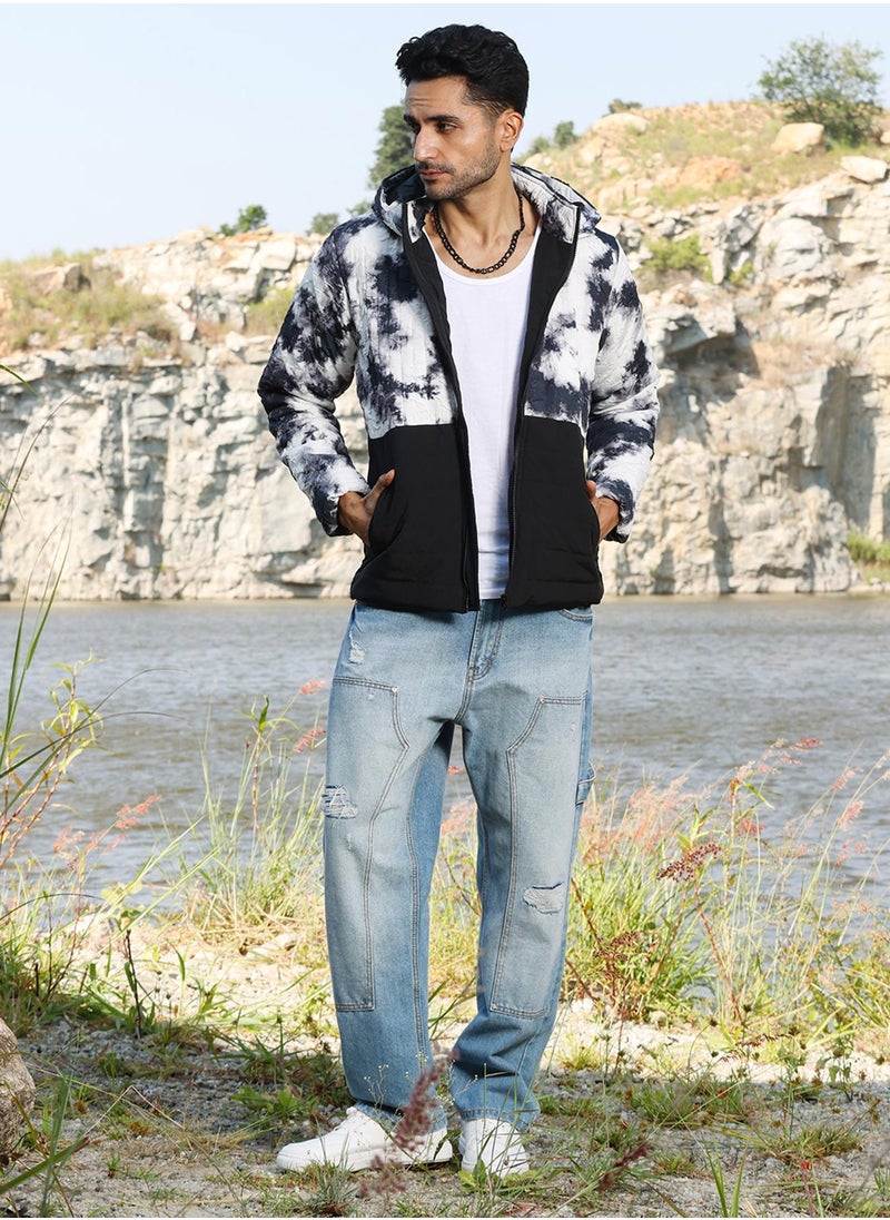 Men's Black & White Tie-Dye Block Puffer Jacket