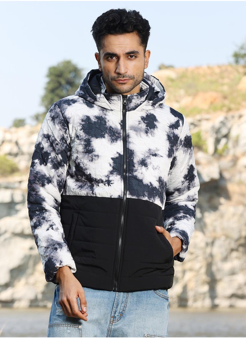Men's Black & White Tie-Dye Block Puffer Jacket