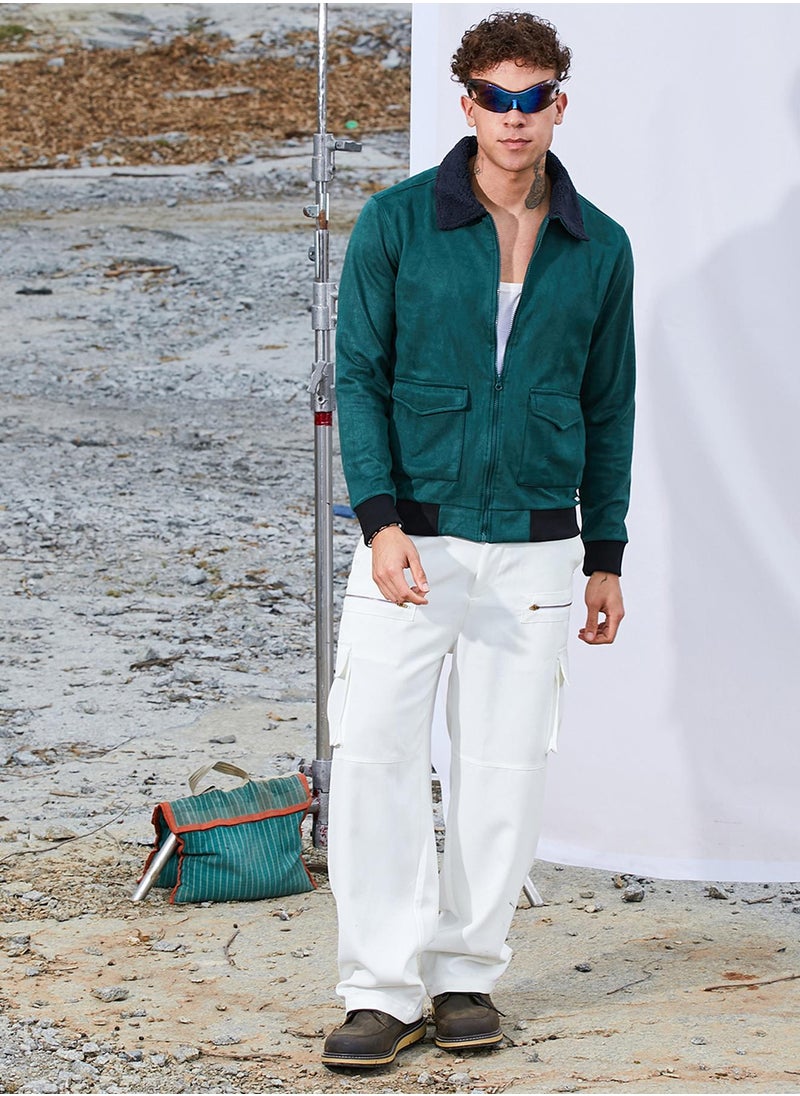 Men's Emerald Green Zip-Front Jacket With Fleece Collar