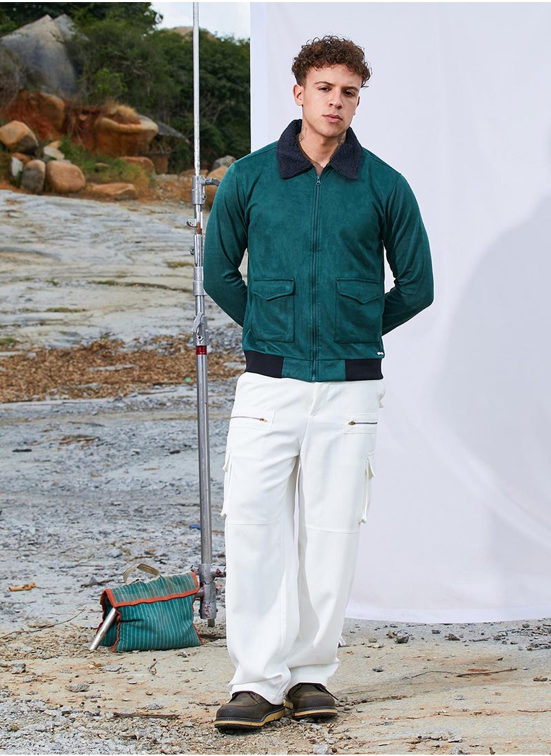 Men's Emerald Green Zip-Front Jacket With Fleece Collar