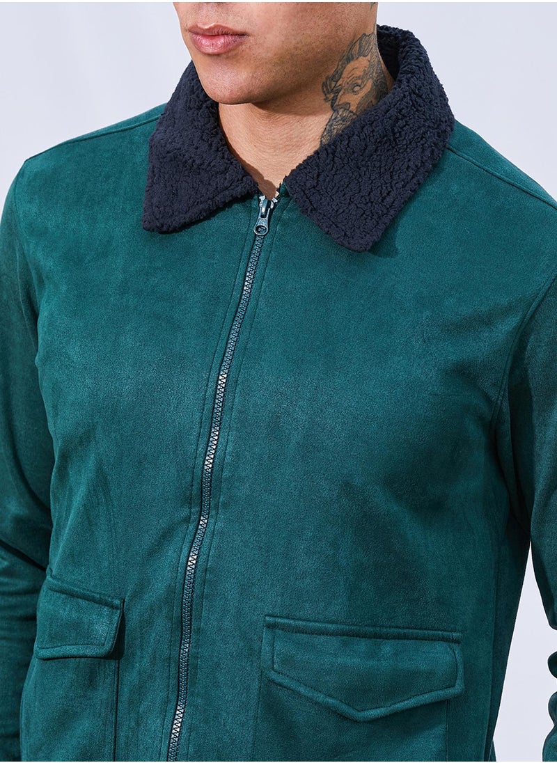 Men's Emerald Green Zip-Front Jacket With Fleece Collar
