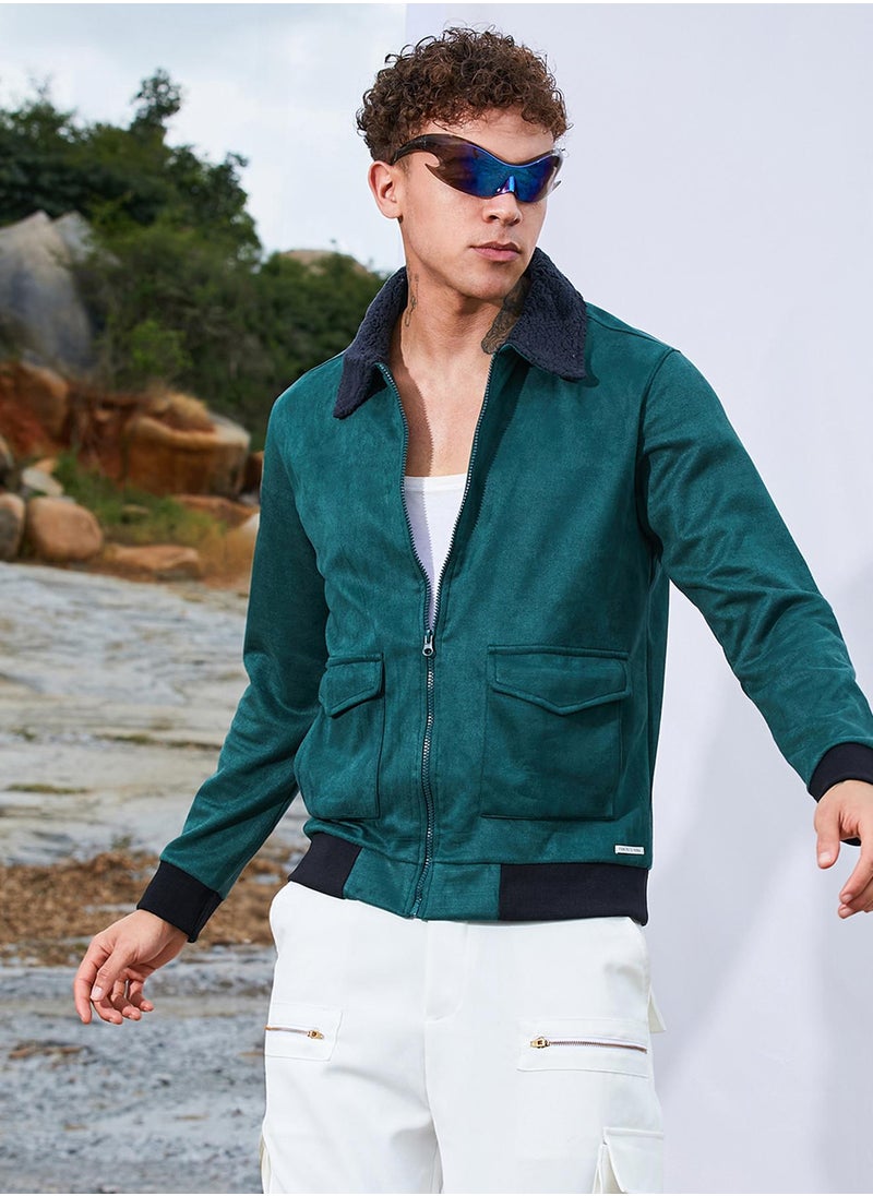 Men's Emerald Green Zip-Front Jacket With Fleece Collar