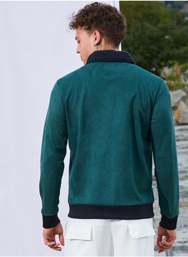 Men's Emerald Green Zip-Front Jacket With Fleece Collar