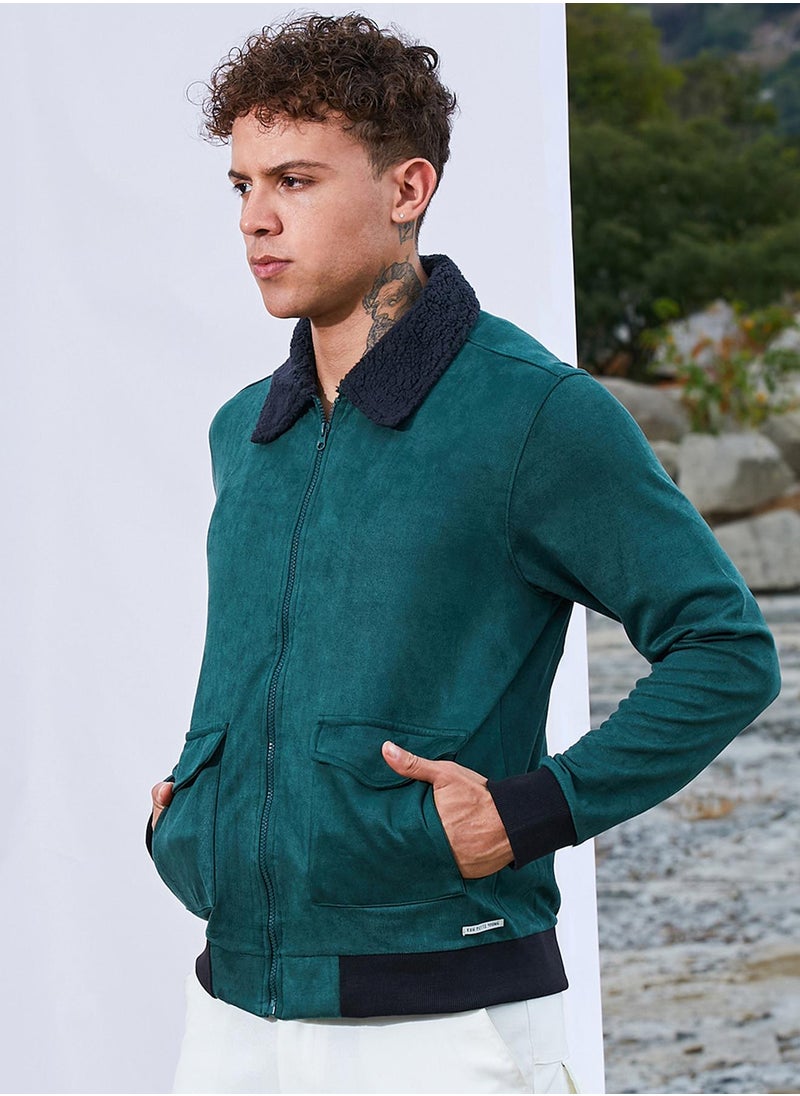 Men's Emerald Green Zip-Front Jacket With Fleece Collar
