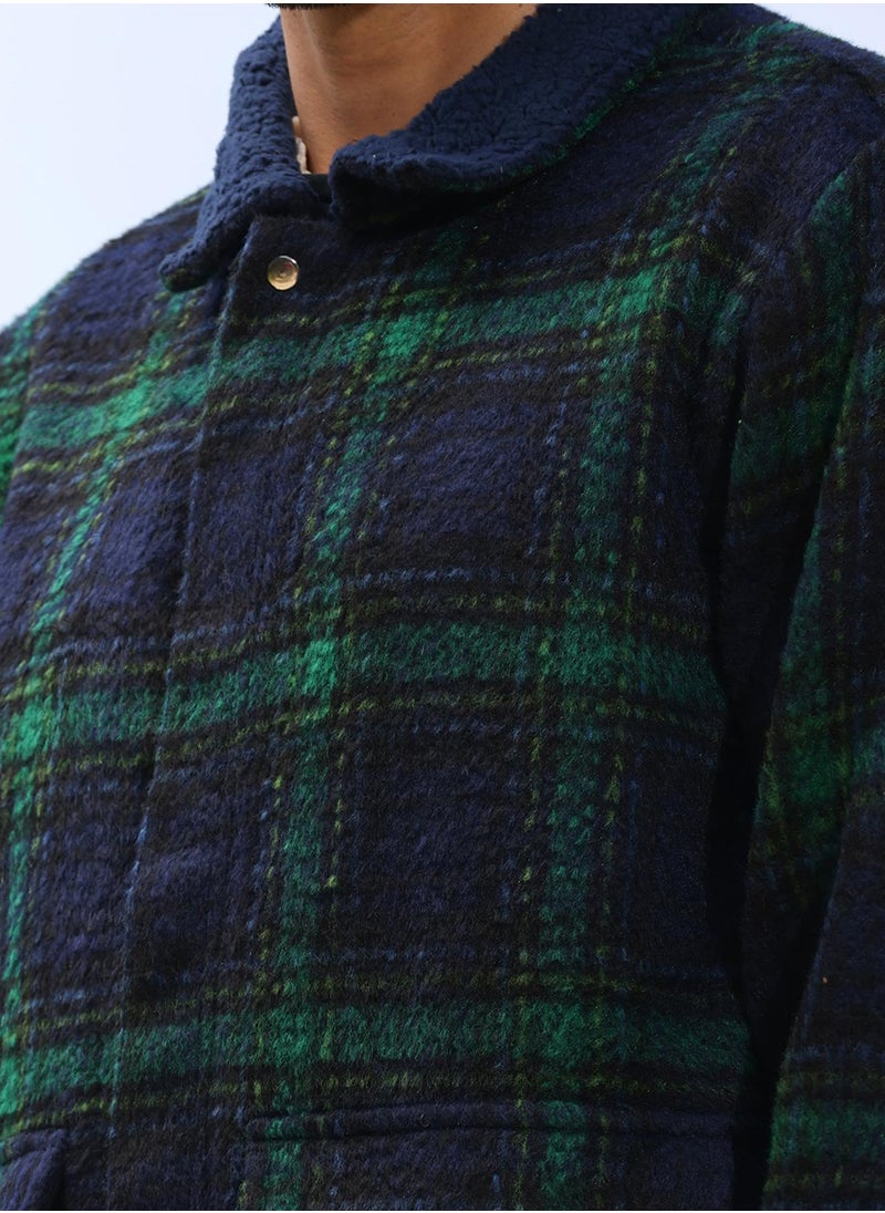 Men's Navy Blue & Green Tartan Plaid Jacket With Fleece Collar