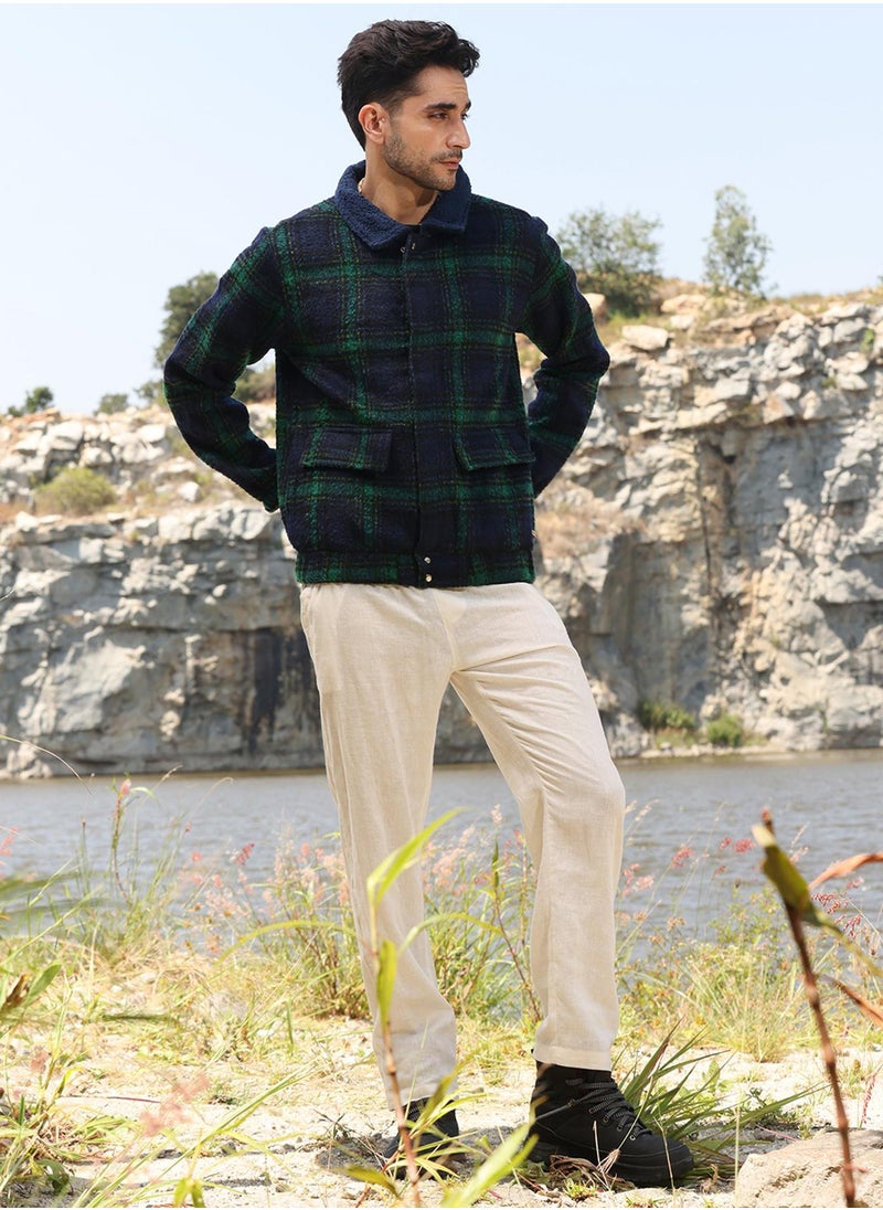 Men's Navy Blue & Green Tartan Plaid Jacket With Fleece Collar