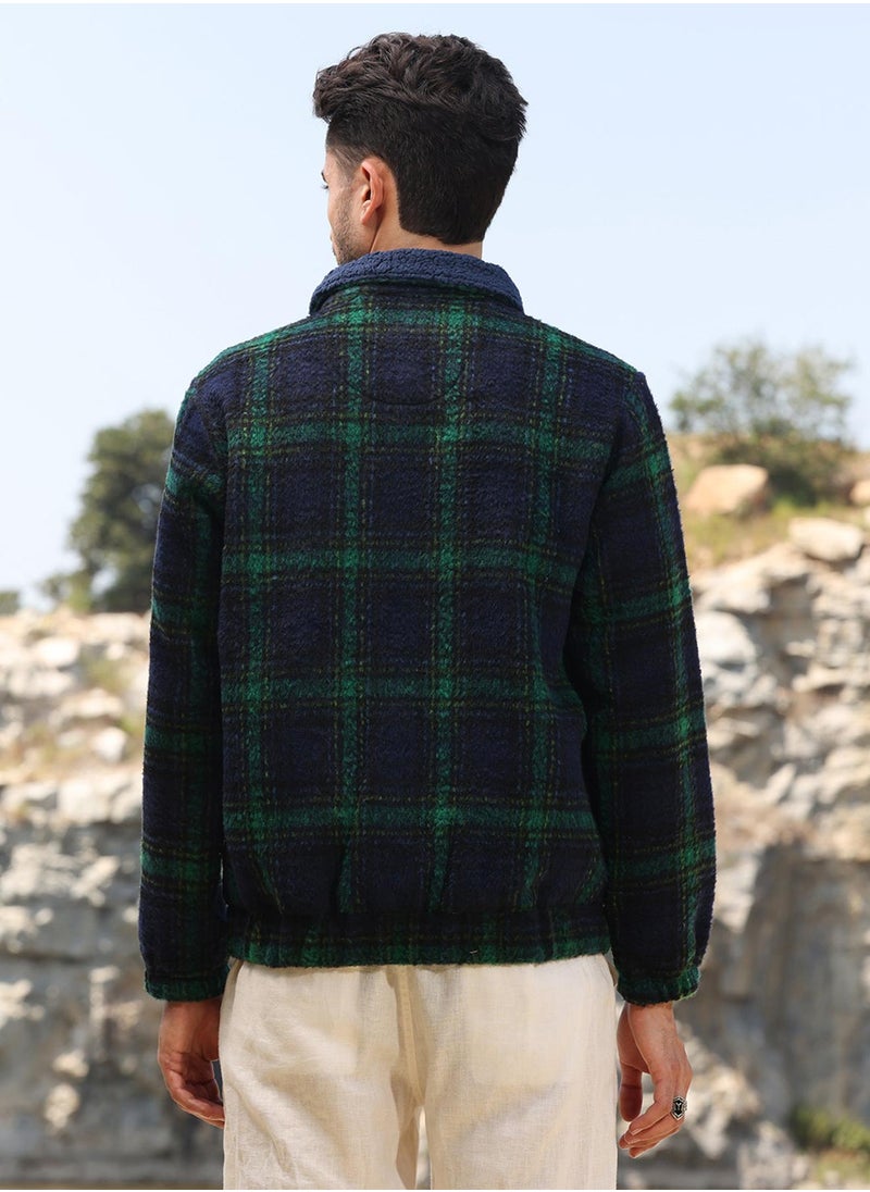 Men's Navy Blue & Green Tartan Plaid Jacket With Fleece Collar