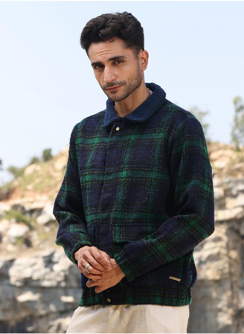Men's Navy Blue & Green Tartan Plaid Jacket With Fleece Collar