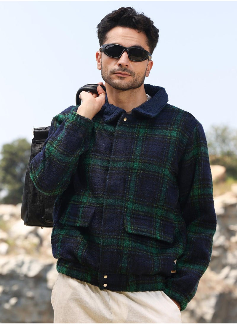 Men's Navy Blue & Green Tartan Plaid Jacket With Fleece Collar