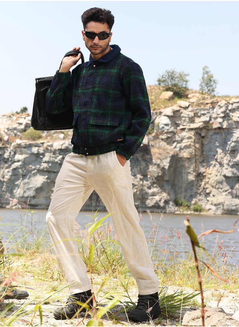 Men's Navy Blue & Green Tartan Plaid Jacket With Fleece Collar