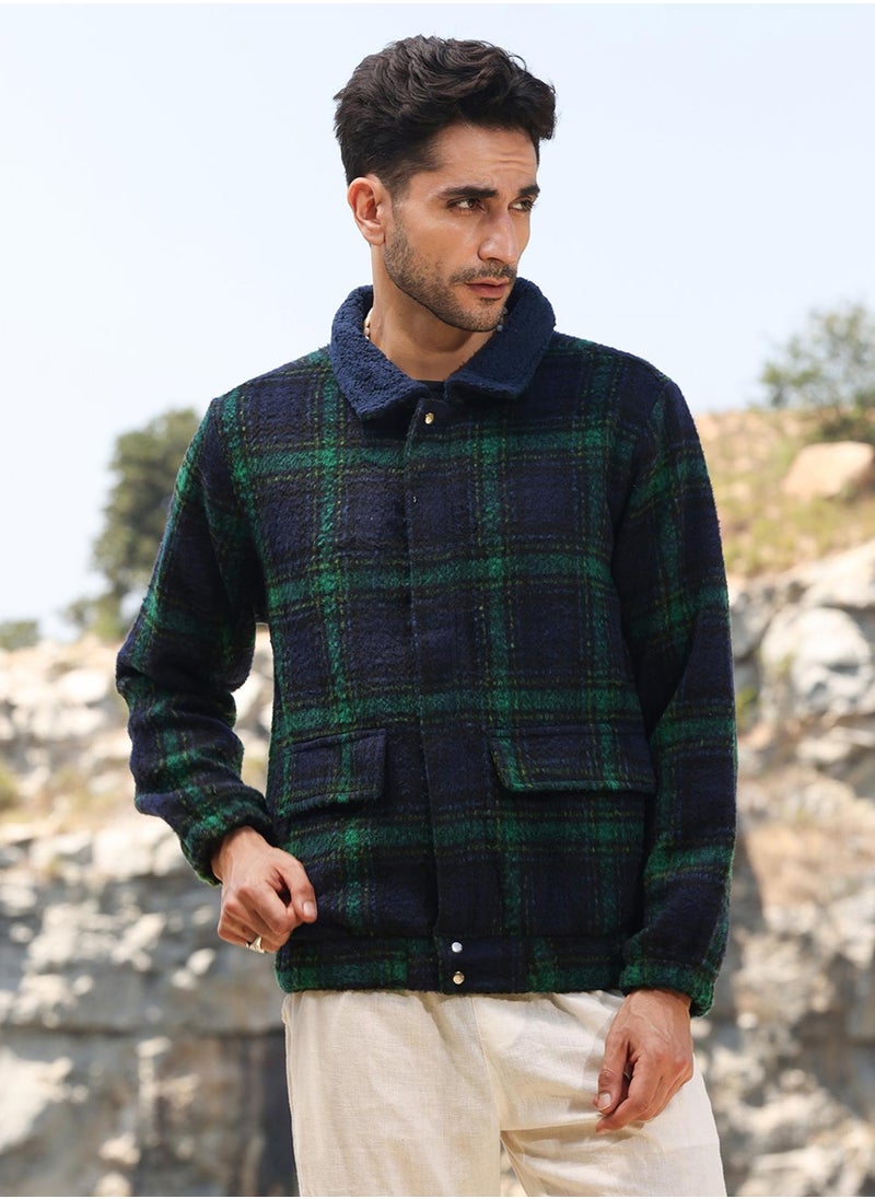 Men's Navy Blue & Green Tartan Plaid Jacket With Fleece Collar