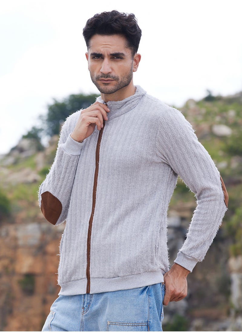 Men's Light Grey Self-Design Striped Knitted Jacket