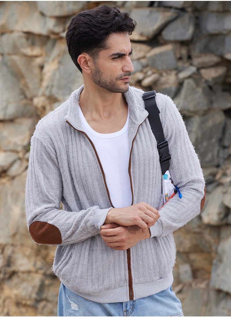 Men's Light Grey Self-Design Striped Knitted Jacket