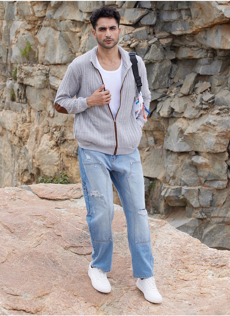 Men's Light Grey Self-Design Striped Knitted Jacket