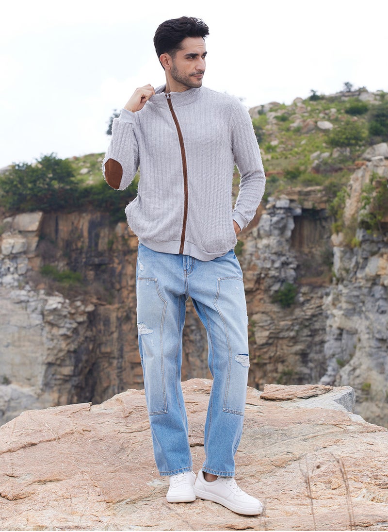 Men's Light Grey Self-Design Striped Knitted Jacket